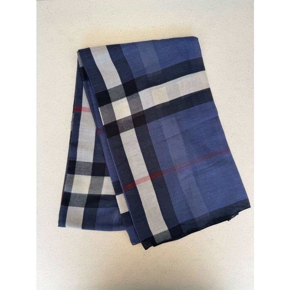 Men's Scarf Blue Grey Plaid Cotton Blend